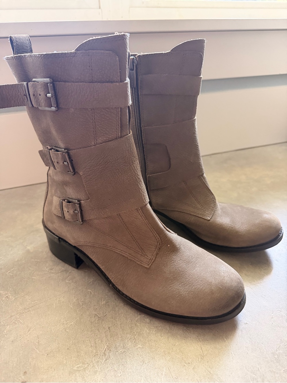 Vince Camuto Taupe Buckle Strap Mid-Calf Heeled Boots 3 strap buckle detail 9